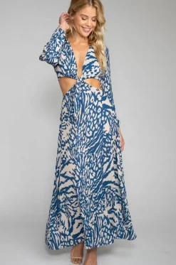 Online Noelle Maxi Dress - Capri Blue & White Maxi Dress With Sleeves Women Dresses